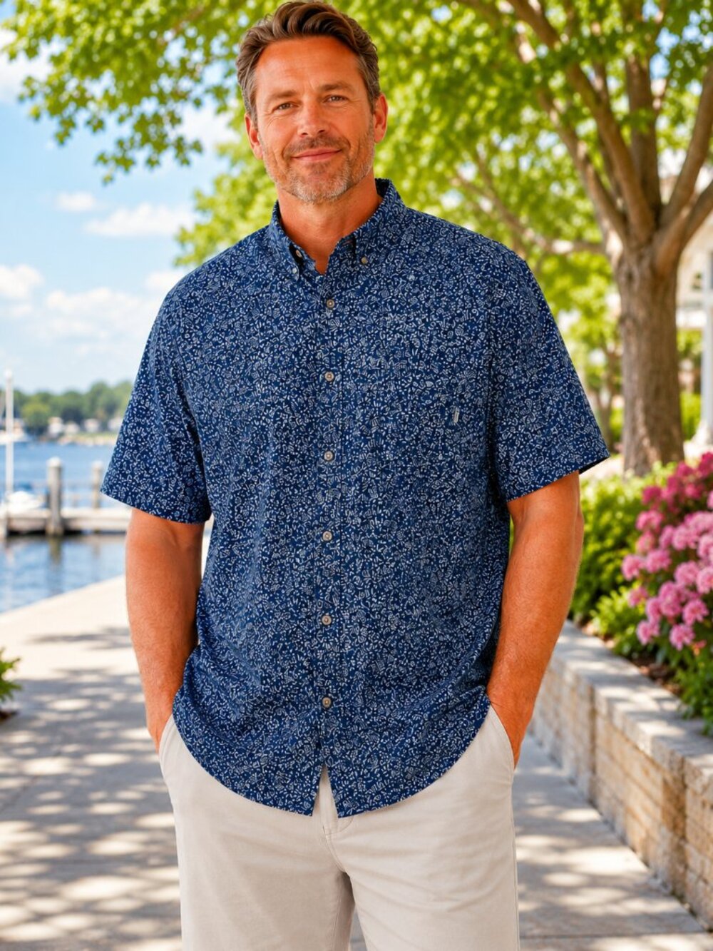 2XL Big & Tall Button Up Short Sleeve Eddie Bauer Blue Floral Shirt Classic Fit